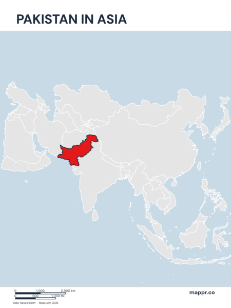A map highlighting Pakistan's location on the asian continent.