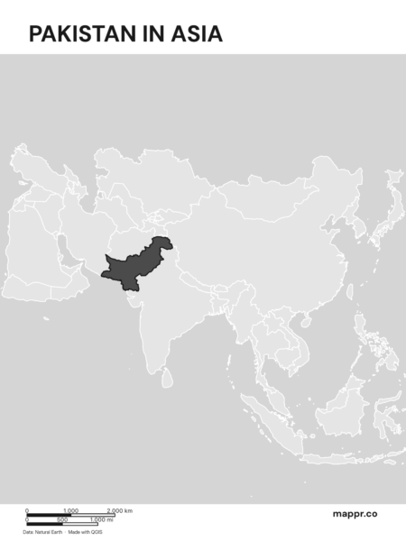 A map highlighting Pakistan's location on the asian continent (black and white).