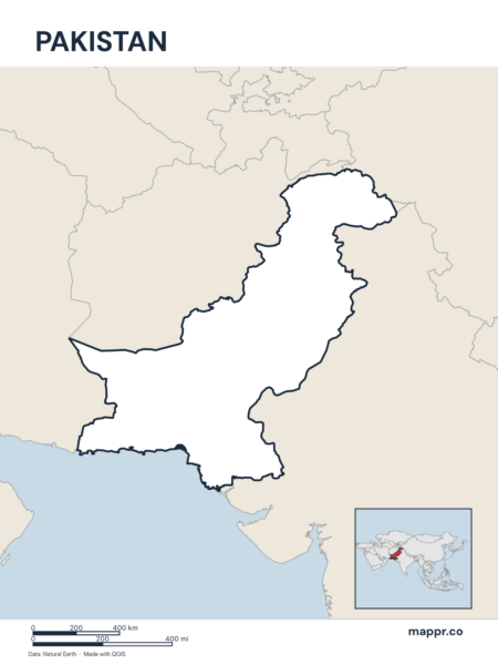 Outline map of Pakistan with detailed country borders.