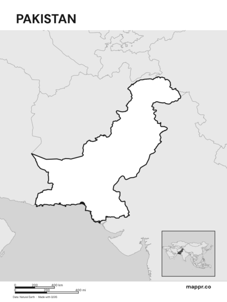 Outline map of Pakistan with detailed country borders (black and white).