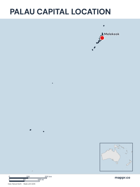 Detailed map pinpointing Melekeok, the capital of Palau.
