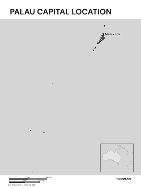 Detailed map pinpointing Melekeok, the capital of Palau (black and white).