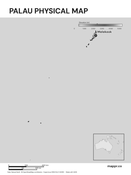 Map featuring Melekeok, the capital of Palau, with rich topographical detail (black and white).
