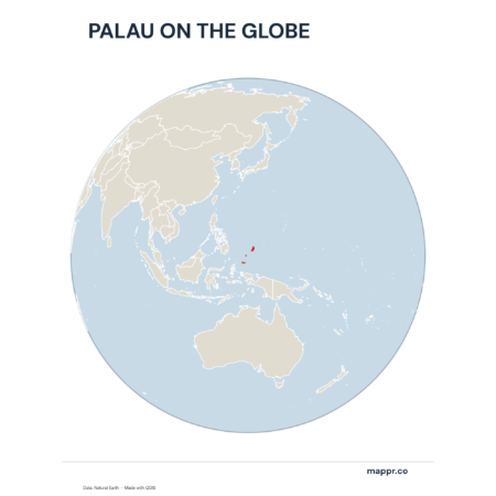 A map highlighting Palau's location on a globe, marked with a red outline.