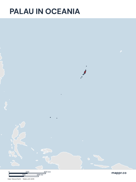 A map highlighting Palau's location on the oceanian continent.