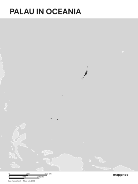 A map highlighting Palau's location on the oceanian continent (black and white).