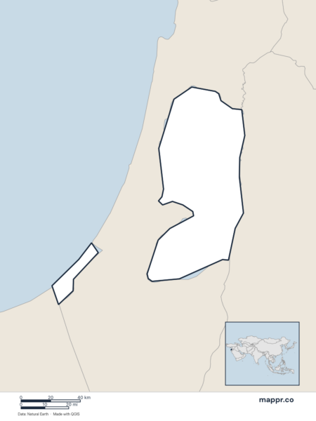 Blank political map of Palestine showing its international borders without labels.