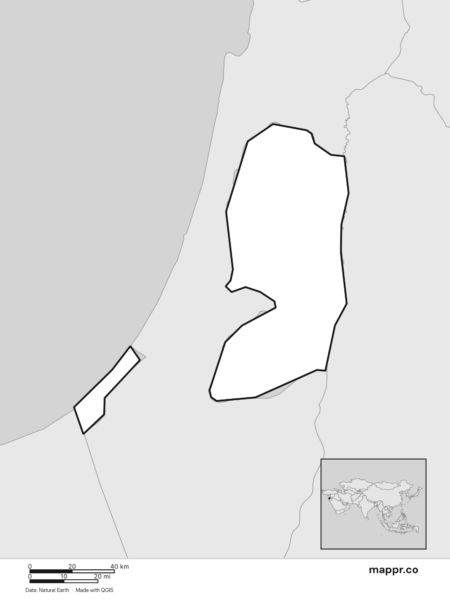 Blank political map of Palestine showing its international borders without labels (black and white).