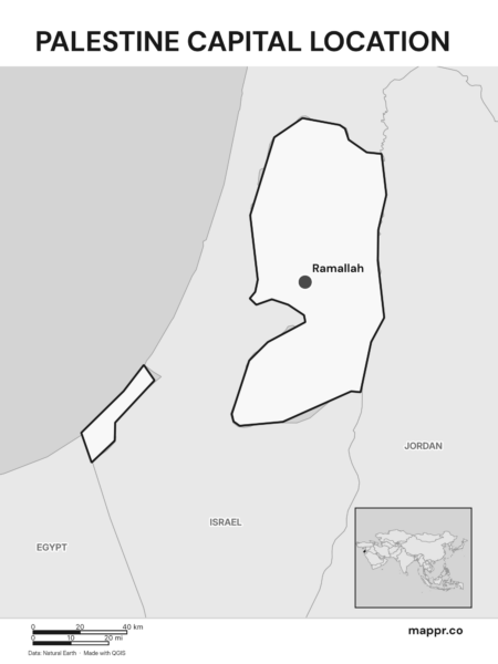 Detailed map pinpointing Ramallah, the capital of Palestine (black and white).