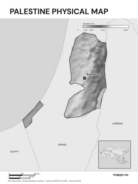 Map featuring Ramallah, the capital of Palestine, with rich topographical detail (black and white).