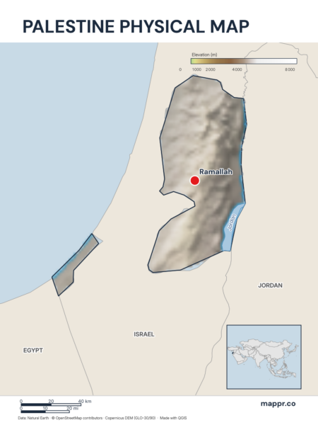 Map featuring Ramallah, the capital of Palestine, with rich topographical detail.