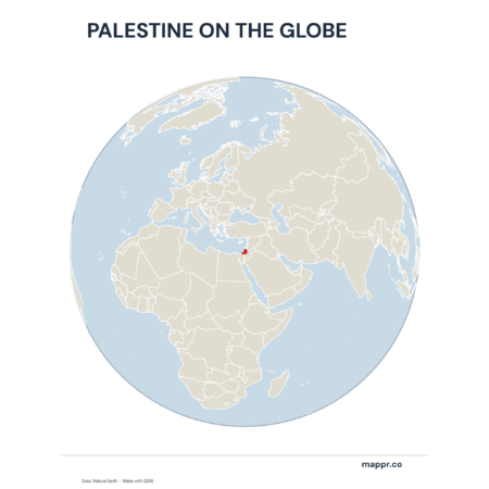 A map highlighting Palestine's location on a globe, marked with a red outline.
