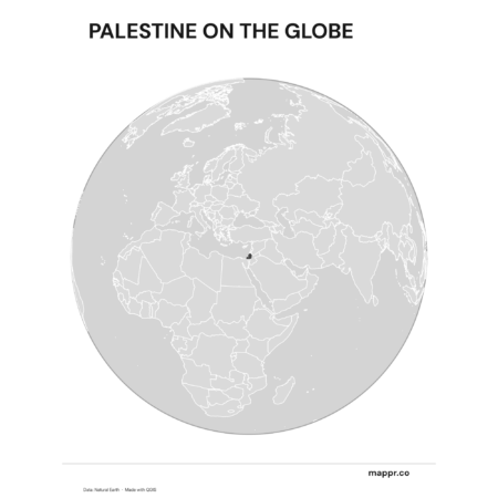 A map highlighting Palestine's location on a globe, marked with a red outline (black and white).