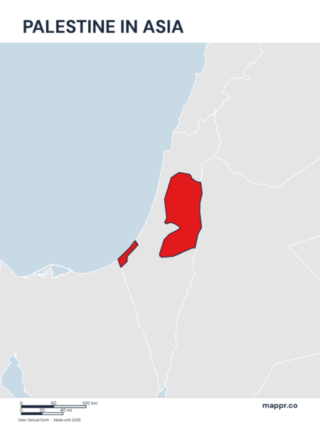 A map highlighting Palestine's location on the asian continent.