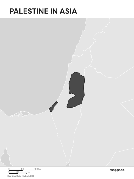 A map highlighting Palestine's location on the asian continent (black and white).