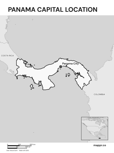 Detailed map pinpointing Panama City, the capital of Panama (black and white).