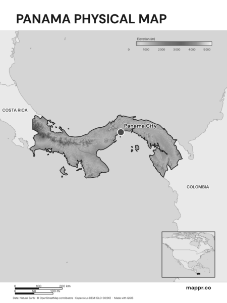 Map featuring Panama City, the capital of Panama, with rich topographical detail (black and white).