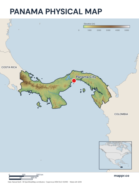 Map featuring Panama City, the capital of Panama, with rich topographical detail.