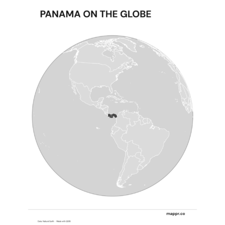 A map highlighting Panama's location on a globe, marked with a red outline (black and white).