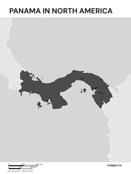 A map highlighting Panama's location on the north american continent (black and white).