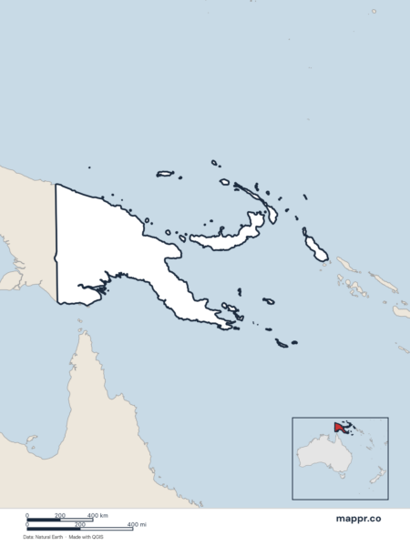 Blank political map of Papua New Guinea showing its international borders without labels.