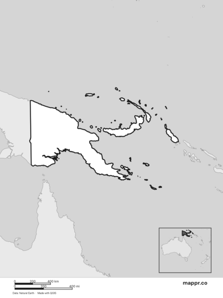 Blank political map of Papua New Guinea showing its international borders without labels (black and white).