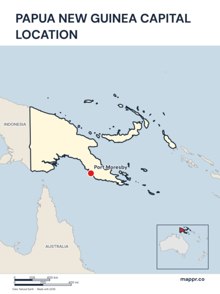 Detailed map pinpointing Port Moresby, the capital of Papua New Guinea.