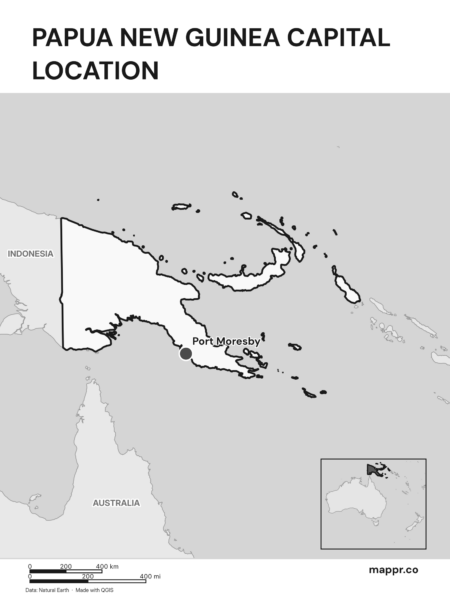 Detailed map pinpointing Port Moresby, the capital of Papua New Guinea (black and white).