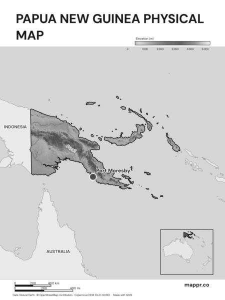 Map featuring Port Moresby, the capital of Papua New Guinea, with rich topographical detail (black and white).