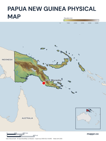 Map featuring Port Moresby, the capital of Papua New Guinea, with rich topographical detail.