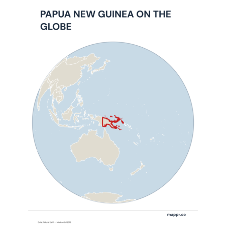 A map highlighting Papua New Guinea's location on a globe, marked with a red outline.