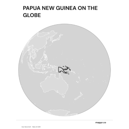 A map highlighting Papua New Guinea's location on a globe, marked with a red outline (black and white).