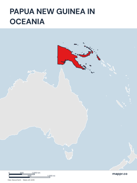 A map highlighting Papua New Guinea's location on the oceanian continent.