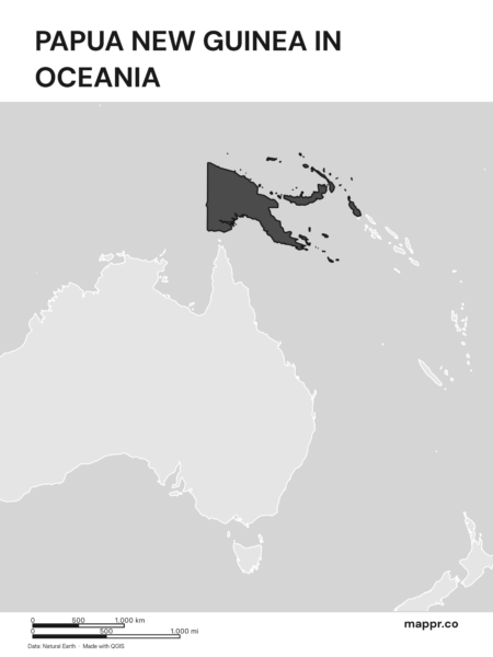 A map highlighting Papua New Guinea's location on the oceanian continent (black and white).