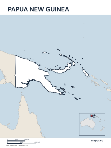 Outline map of Papua New Guinea with detailed country borders.