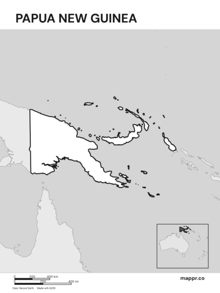 Outline map of Papua New Guinea with detailed country borders (black and white).