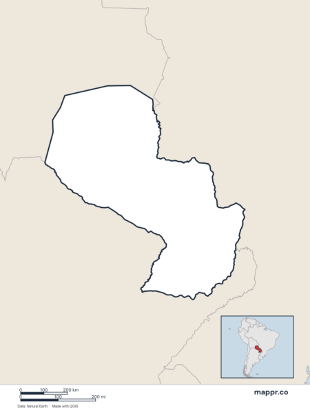Blank political map of Paraguay showing its international borders without labels.