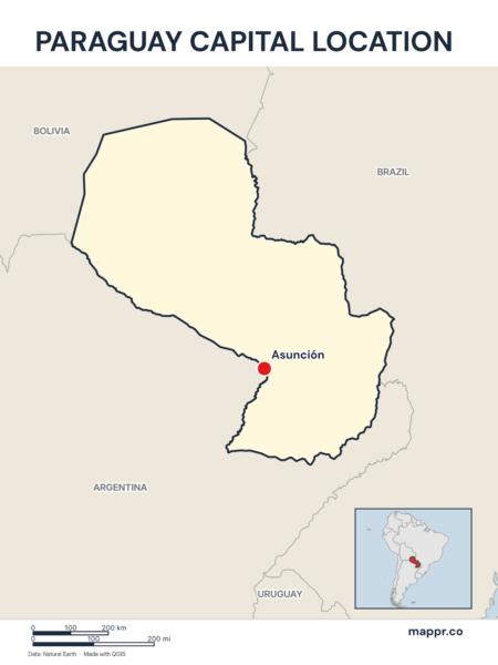 Detailed map pinpointing Asunción, the capital of Paraguay.