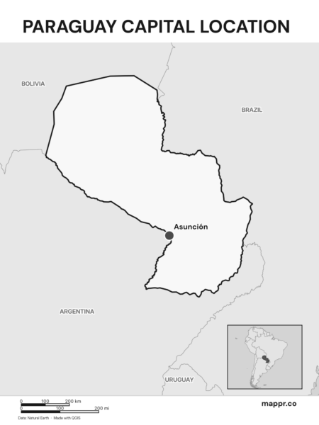 Detailed map pinpointing Asunción, the capital of Paraguay (black and white).