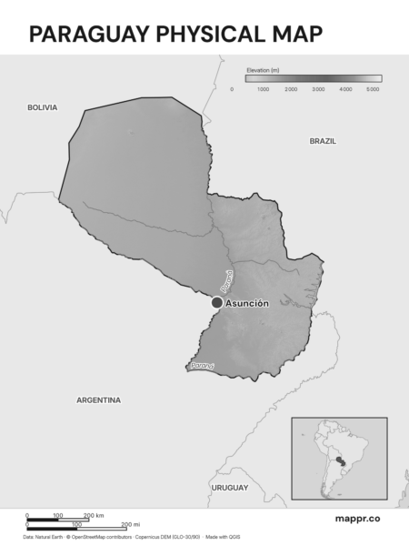Map featuring Asunción, the capital of Paraguay, with rich topographical detail (black and white).
