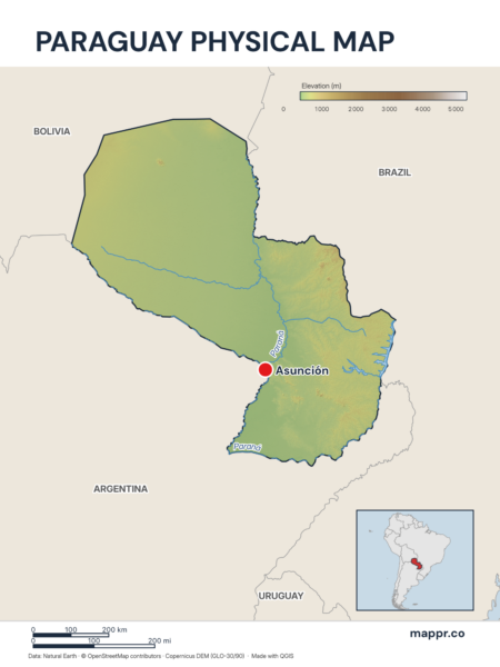 Map featuring Asunción, the capital of Paraguay, with rich topographical detail.