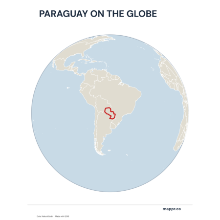A map highlighting Paraguay's location on a globe, marked with a red outline.