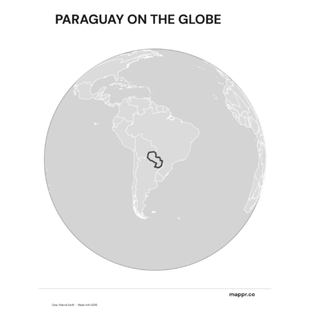 A map highlighting Paraguay's location on a globe, marked with a red outline (black and white).