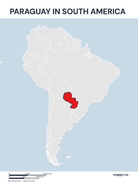 A map highlighting Paraguay's location on the south american continent.