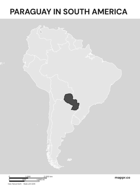 A map highlighting Paraguay's location on the south american continent (black and white).
