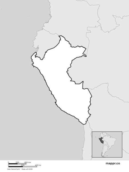 Blank political map of Peru showing its international borders without labels (black and white).