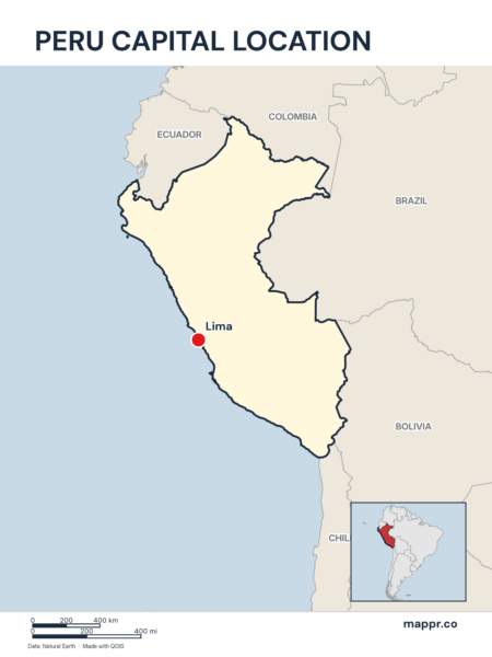 Detailed map pinpointing Lima, the capital of Peru.