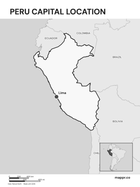 Detailed map pinpointing Lima, the capital of Peru (black and white).