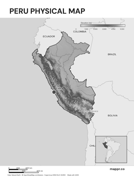 Map featuring Lima, the capital of Peru, with rich topographical detail (black and white).