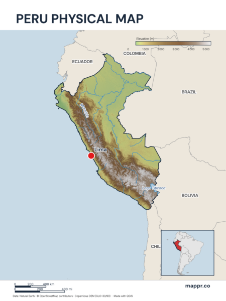 Map featuring Lima, the capital of Peru, with rich topographical detail.